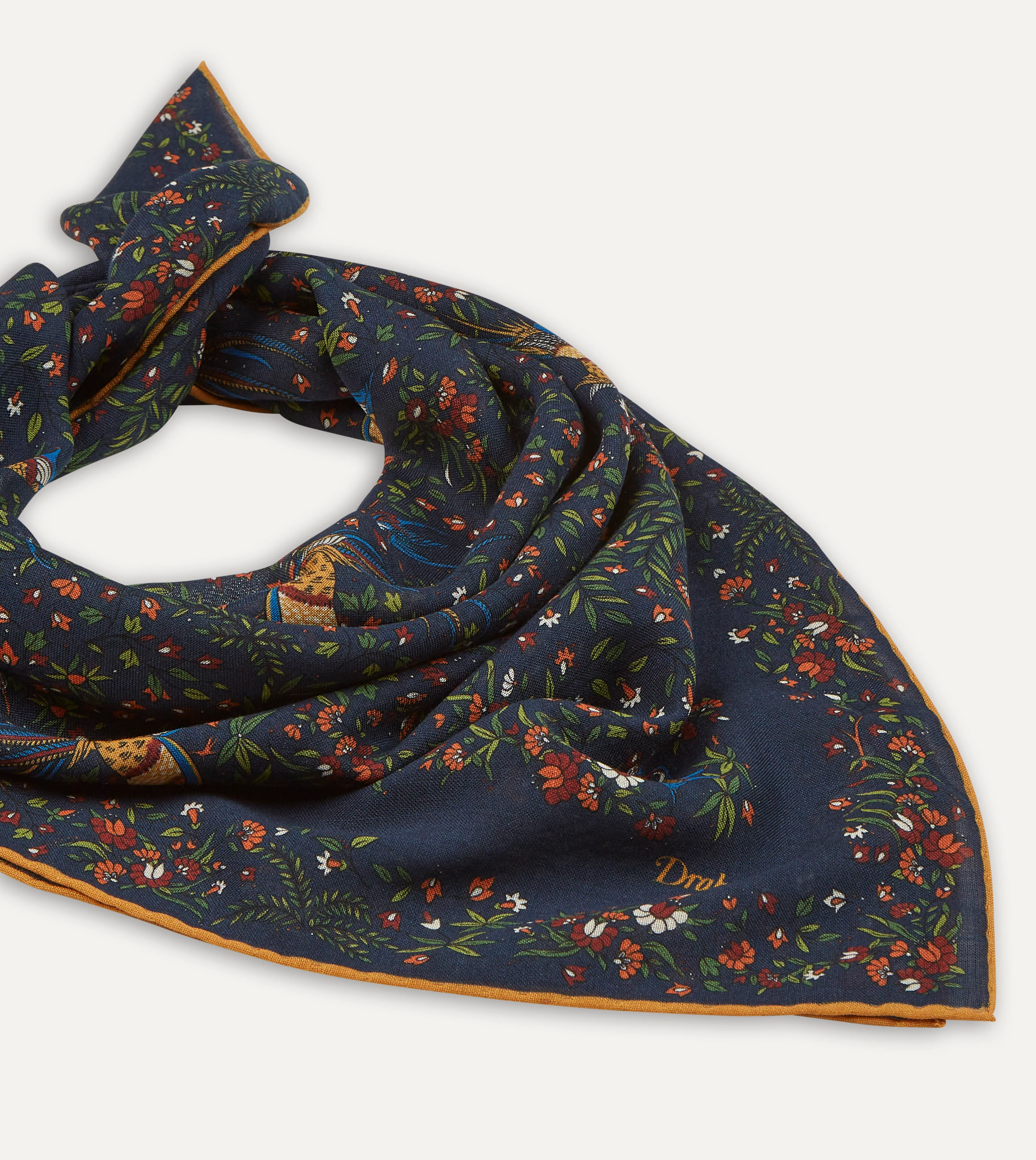 Navy Birds of Paradise Print Wool-Silk Square Scarf - Image 3