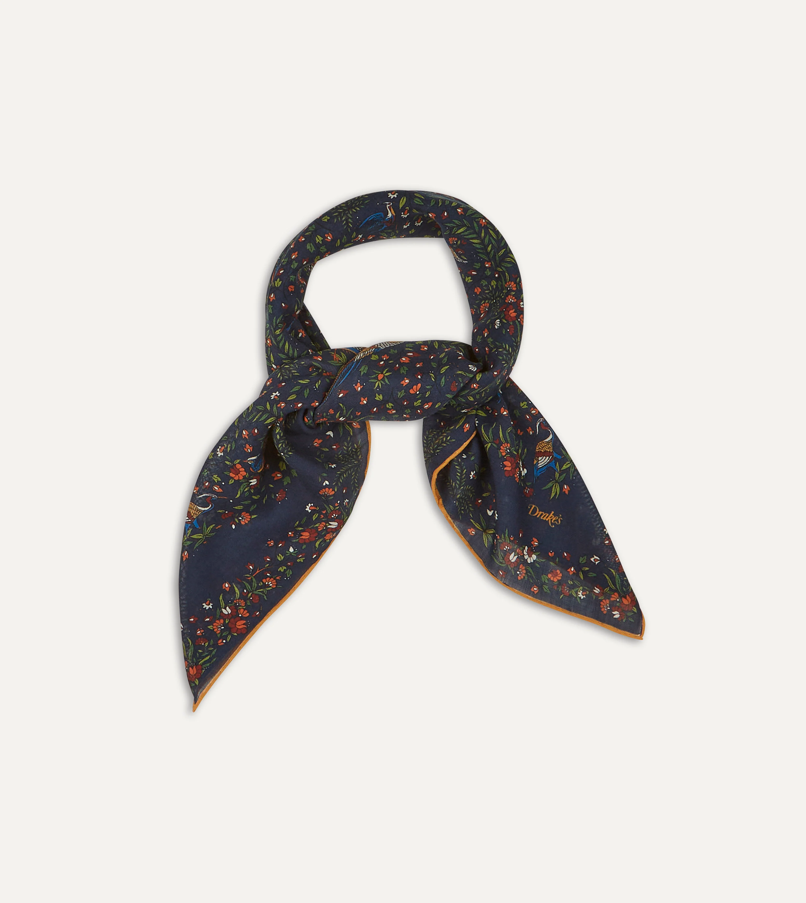 Navy Birds of Paradise Print Wool-Silk Square Scarf - Image 5